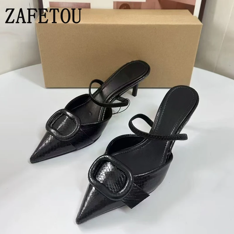 Zafetou Shoes Women 2024 Winter New Style Metal Buckle Shallow Mouth Pointed High Heels Plaid With Exposed Heels Women's Sandals