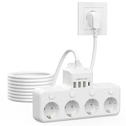 2M USB Power Strip With Individual switch Type C Port 4000W EU Plug Multiple Socket Power Oulet Surge Protector Extension Cord