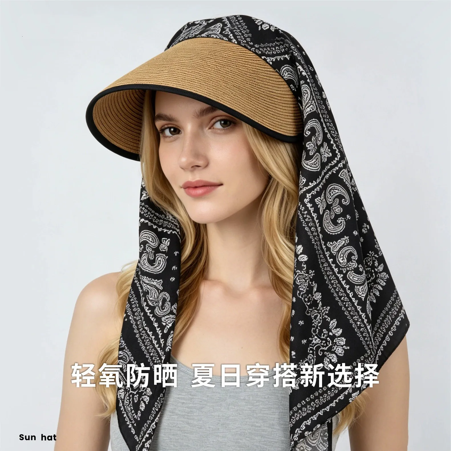 Women Retro Neck-protection Sun Hat Summer Seaside Vacation Style Woven Straw Visor Hat Breathable Sunshade Headband Sun Caps