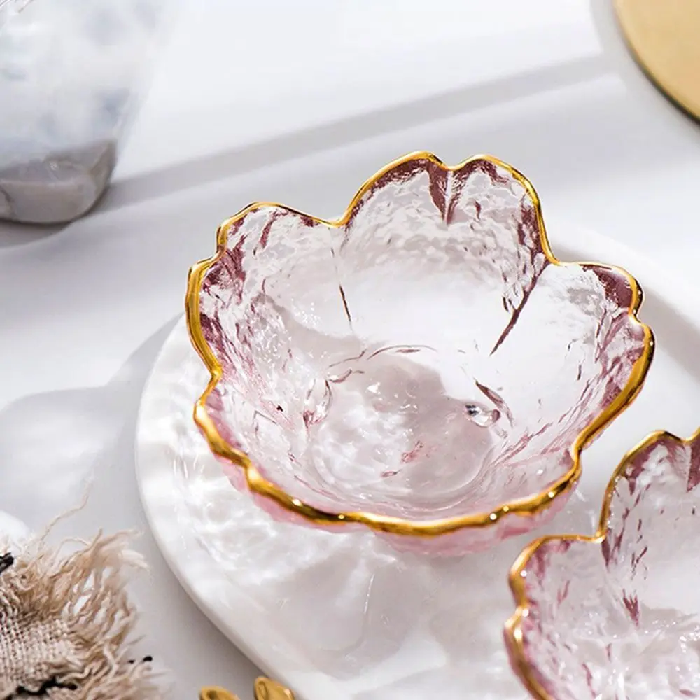 Small Glass Dish Nordic Style Gold Inlay Glass Sauce Bowl Mini Japanese Cherry Blossoms Seasoning Plate For Ice Cream Fruit Sala