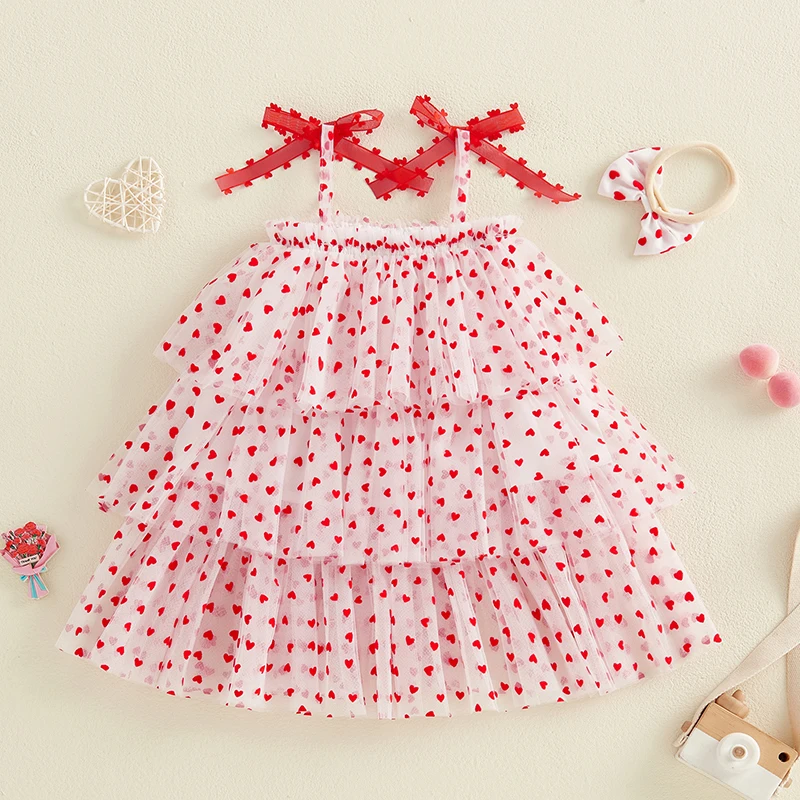 Toddler Baby Girls Valentines Day Dress Heart Print Sleeveless Layered Tulle Tutu Dresses Cake Smash Princess Outfit