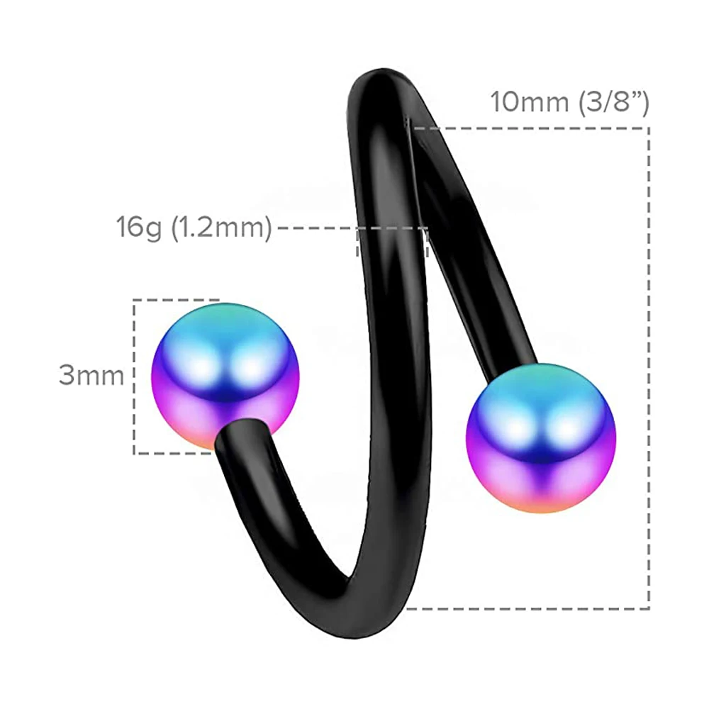 WKOUD 2PCS Black Rainbow Stainless Steel 16G Barbell Spiral Daith Helix Tragus Cartilage Piercing Twister Earrings