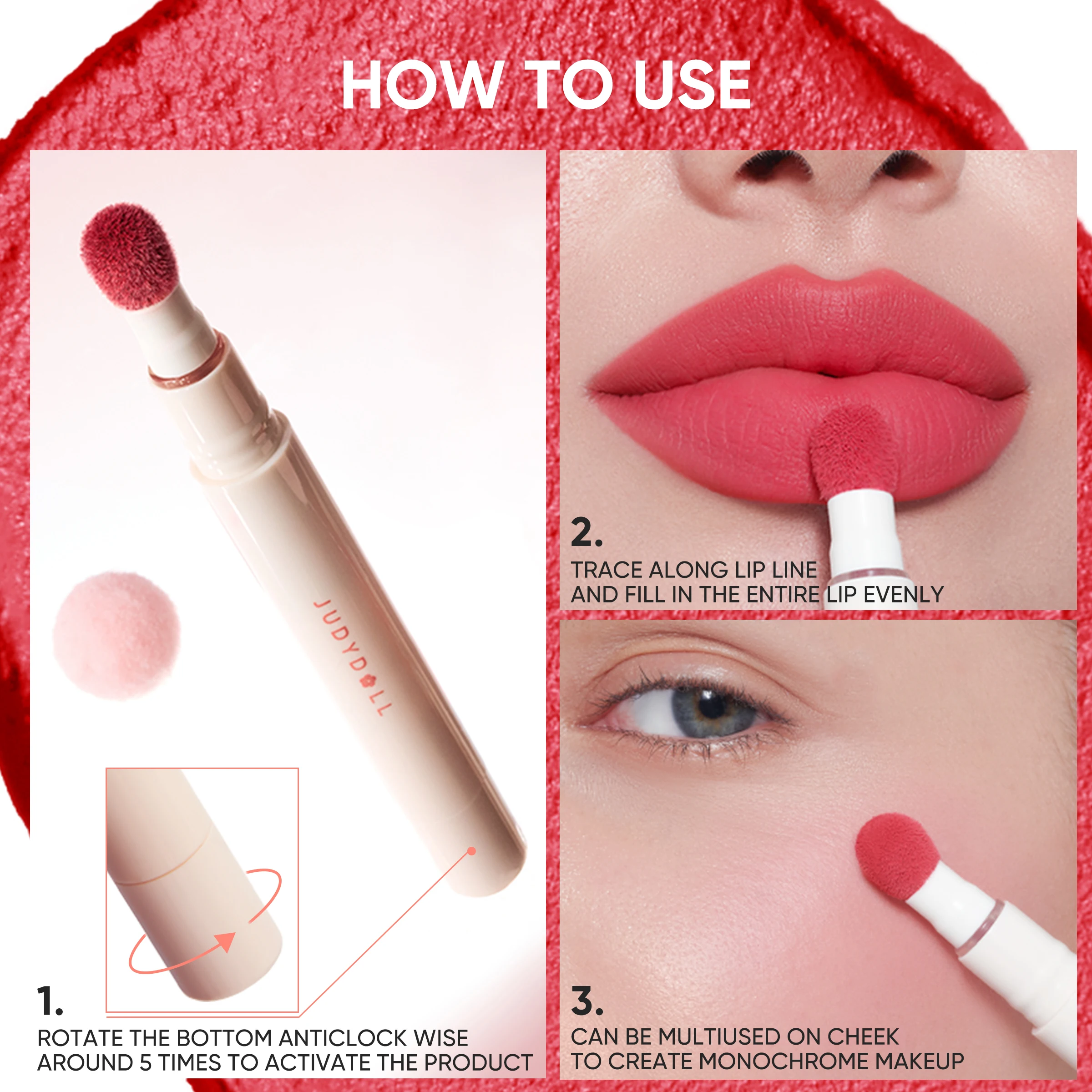 JUDYDOLL CUSHION MATTE LOCK LIP CREMA - 24 horas de larga duración, resistente al agua, a prueba de manchas, hidratante que reduce las líneas de los labios
