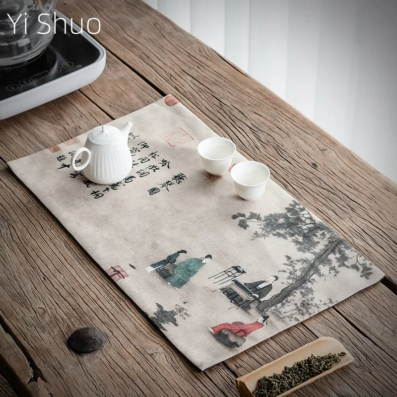 

Chinese Style Cotton Linen Fabric Tea Table Tea Mat Printing Zen Waterproof Table Runner Dry Pour Tea Towel Mat Chinese Style