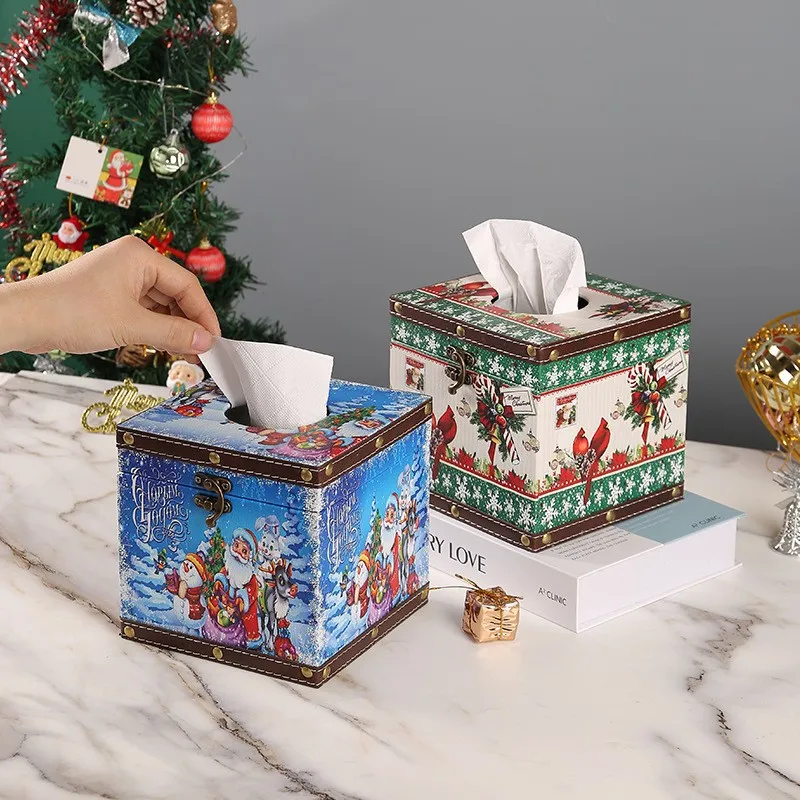 

Square leather wooden carton red Christmas tissue box in living room and dining room