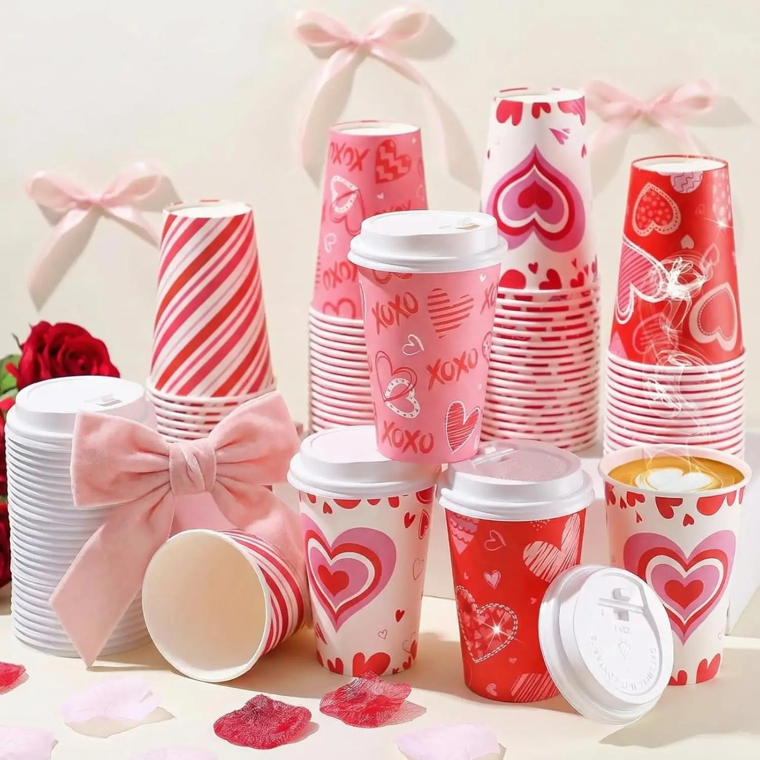 

60 Set Valentine's Day Disposable Cups with Lids 12 oz Galentine Pink Paper Beverage Cups Hearts Hot Chocolate Cocoa Hot