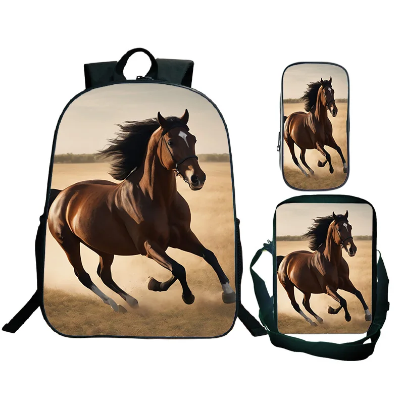 3D Running Horses Print Backpack Set para meninos e meninas, bolsa de escola de cavalos, mochila para laptop, 3 pcs