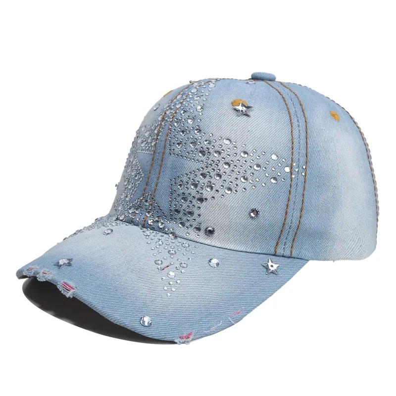 New stylish denim cap for men and women, Korean version with rhinestone pentagram, duckbill cap that makes the face look smaller