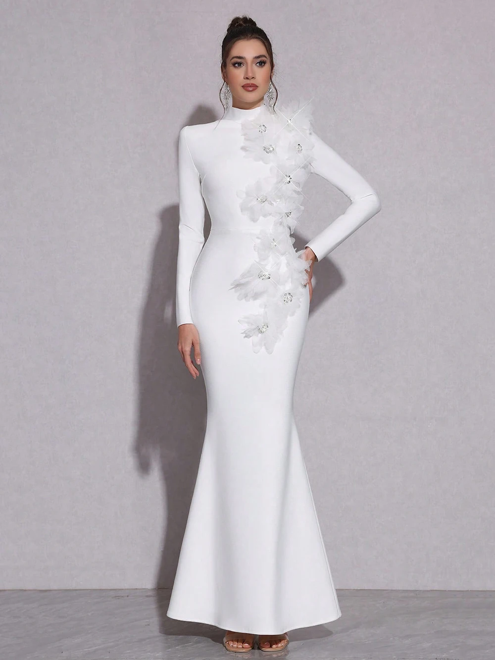 

White Sexy Stand Collar 3D Flower Crystal Long Sleeved Bodycon Bandage Long Dress For Ladies Formal Dinner Wedding Guests Gowns