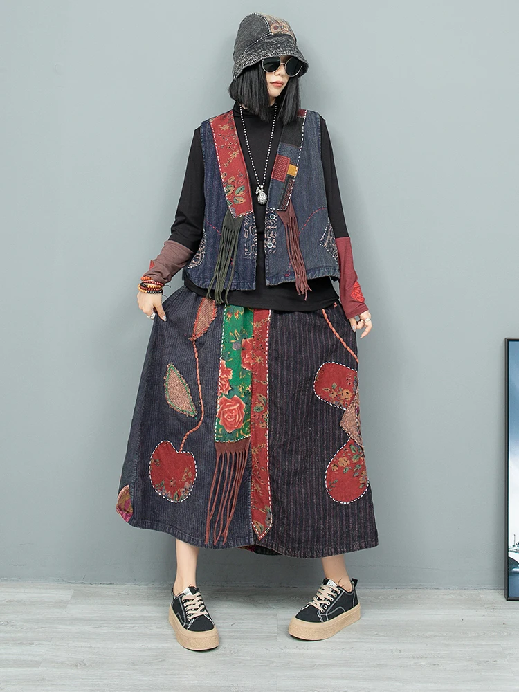 Ethnic Style Heavy Industry Hand Embroidered Old Cloth Cardigan Vest + Half Skirt Two-piece Set Women 2024 Autumn ZF215