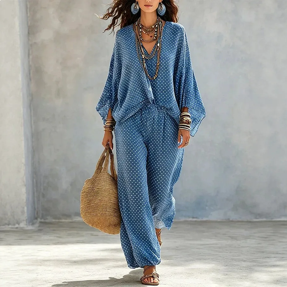 Blouse and Pants Matching Set Vintage Polka Dot Art Print Women Spring Summer