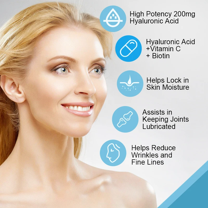 Hyaluronic Acid Capsules - with Collagen Peptides, Vitamin C, Phytoceramides - for Skin, Eyes, Gastrointestinal, Bones Support