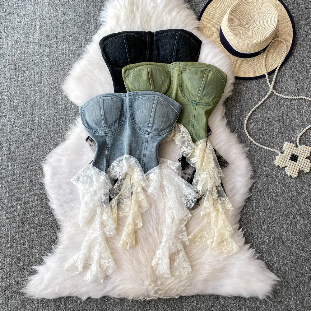 

Clothland Women Sweet Denim Asymmetrical Blouse Strapless Sleeveless Lace Shirt Slim Sexy Crop Top Mujer WA350