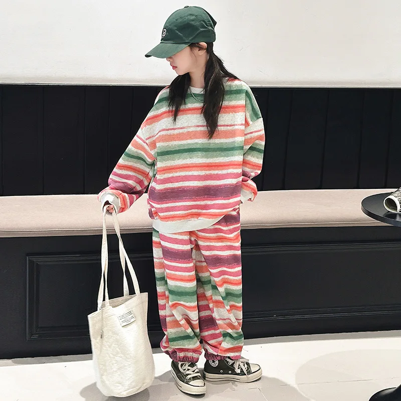 

ZOETOP 2025 весенне-осенний спортивный костюм для девочек-молодшей школьницы, пуловеры в разноцветную полоску, топ + спортивные штаны, брюки, комплекты для девочек от 4 до 14 лет