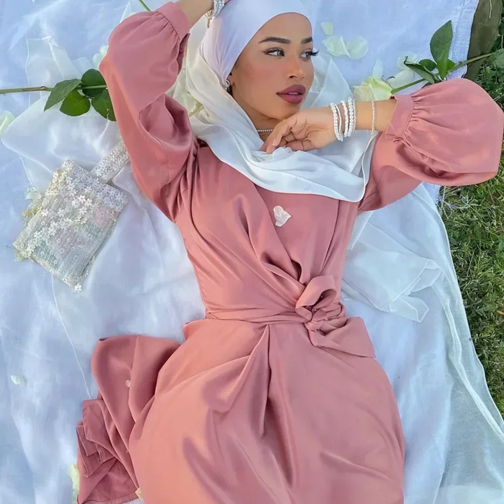 

Eid Satin Abaya Modest Muslim Hijab Wrap Dress Summer Plain Abayas for Women Dubai African Dresses Turkey Islamic Kaftan Robe