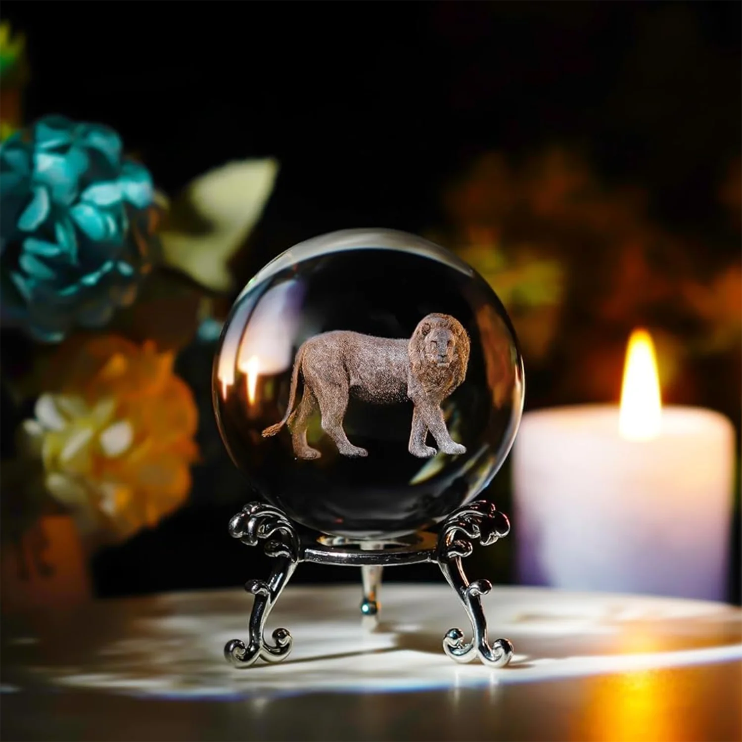 60mm Lion Model Crystal Decorative Ball 3D Laser Engraving Crystal Lion Statue Art Glass Sphere Home Decoration Birthday Gifts