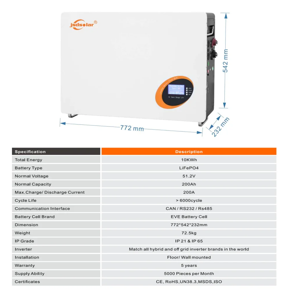 Jsdsolar Lithium Battery 10kw 200ah 48V solar system with lithium ion battery Lifepo4