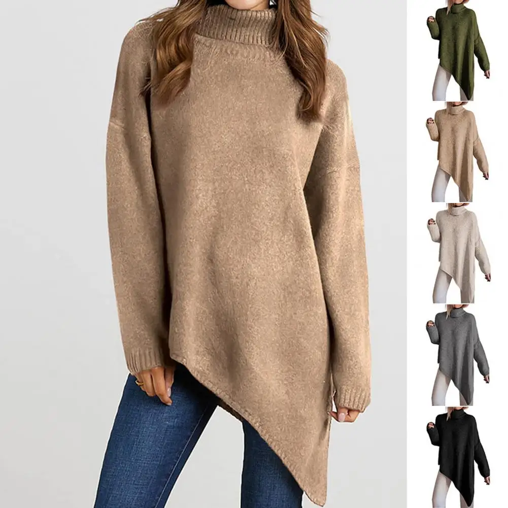 

Turtleneck Long Sleeve Ribbed Trim Asymmetric Split Hem Pullover Sweater Autumn Winter Solid Color Oversized Warm Sweater Jumper