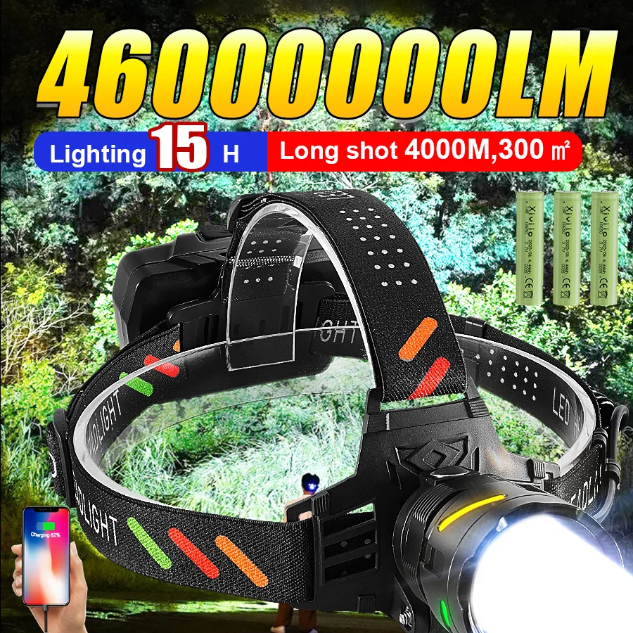 2025 46000000LM Powerful Headlamp Portable Rechargeable Lamp Super Powerful Head Flashlight Long Range LED Headlamp For Fishing