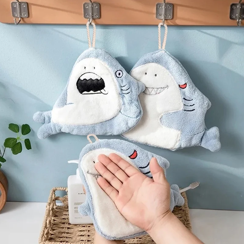 Cute Cartoon Shark Hand Towel Quick Drying Kitchen Towel Cleaning Rag Coral Velvet Absorbent Hanging Towel Bathroom Accessories