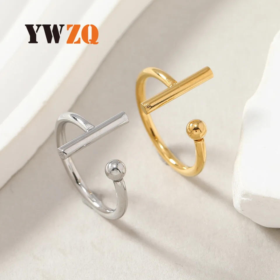 Europe And The United States Simple Fashion T Word Geometric Steel Wire Welded Steel Ball Opening Titanium Steel Ring All Match