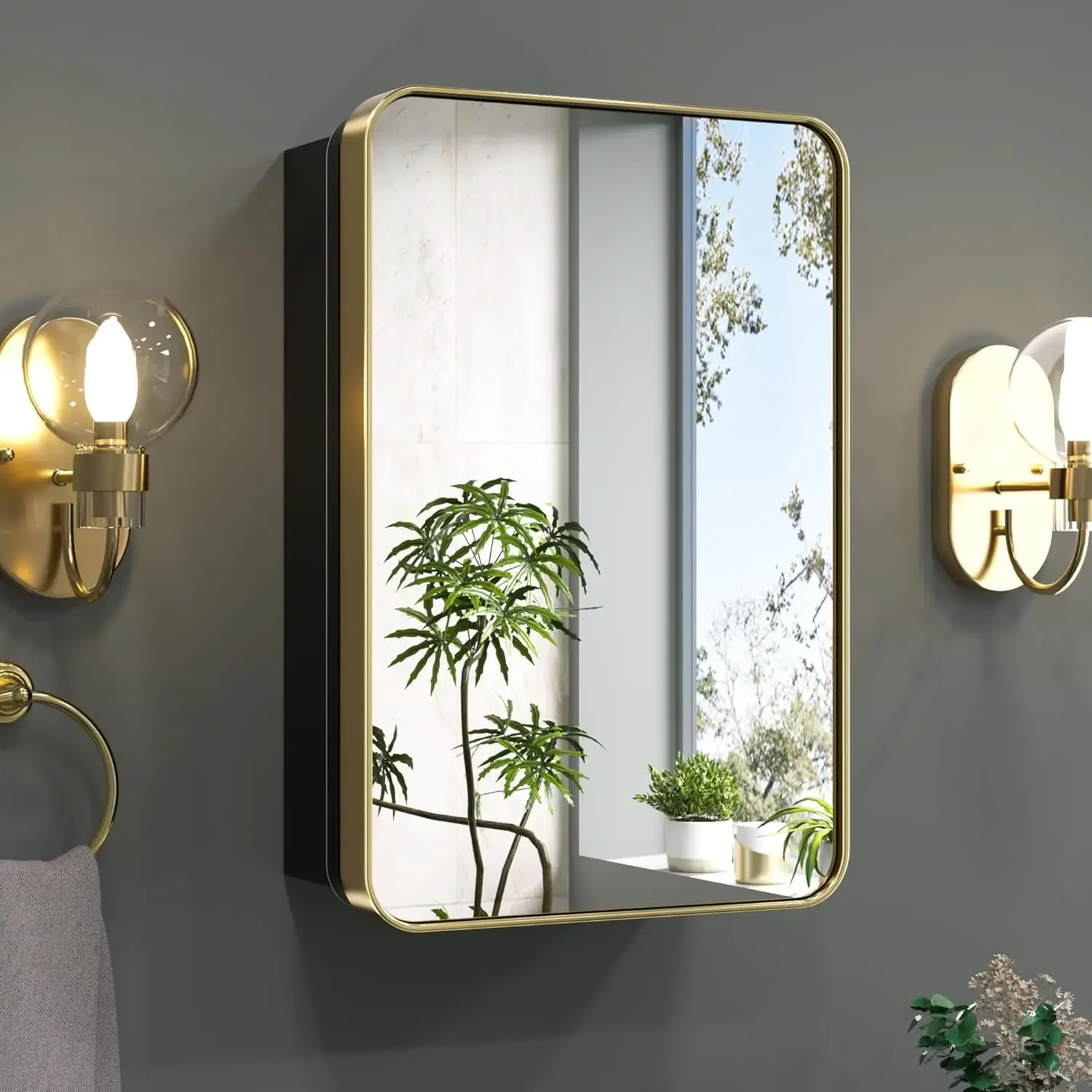 Gold Bathroom Medicine Cabinet with Mirror 16 x 24 Inch, Small Brushed Brass Medicine Cabinet, Stainless Steel Framed, Stepless