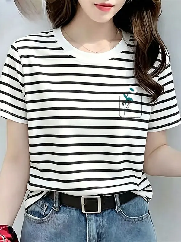 Summer 2026 Trendy Korean Striped Short Sleeve T-Shirt Loose Slimming Versatile plus Size Big Code Top for Mom Casual Wear