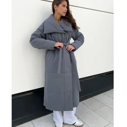 Loose Quilted Jackets Parkas With Belt Women Coat Winter Long Sleeve Oversized Warm Slim Long Jacket Ladies Cotton Padded Jacket