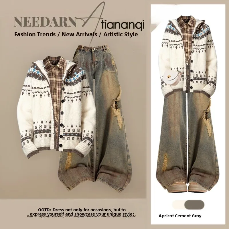 

Faionable Fair Isle Hooded Sweater Jaet 2026 New Spring Slim Che irt with Denim Tee Piece Set Large Size Women