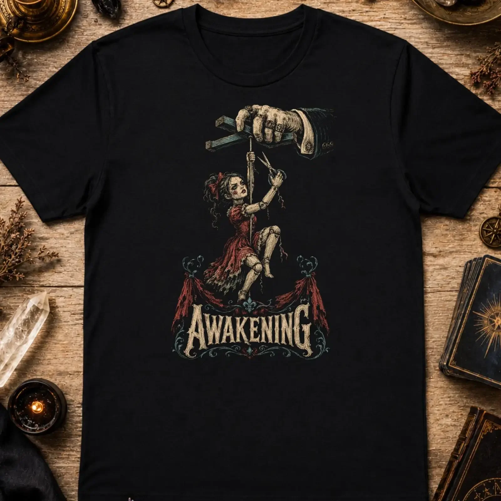 Awakening Puppet T Shirt Black Gothic Dark Fantasy Creepy Marionette XS 5XL vintage Washed Casual Soft Breathable Stylish
