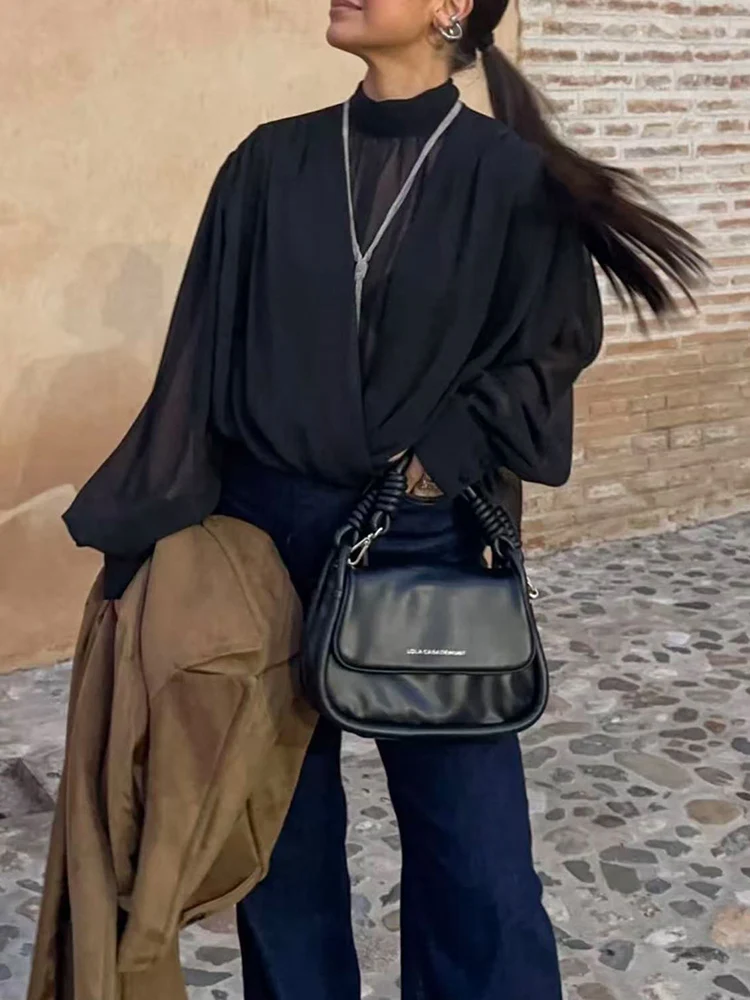 ربيع جديد المرأة قميص شيك الدانتيل يصل الرسن طوق موضة أنيقة طويلة الأكمام بلايز الصلبة الإناث مثير شير شارع العليا بلوزة #2