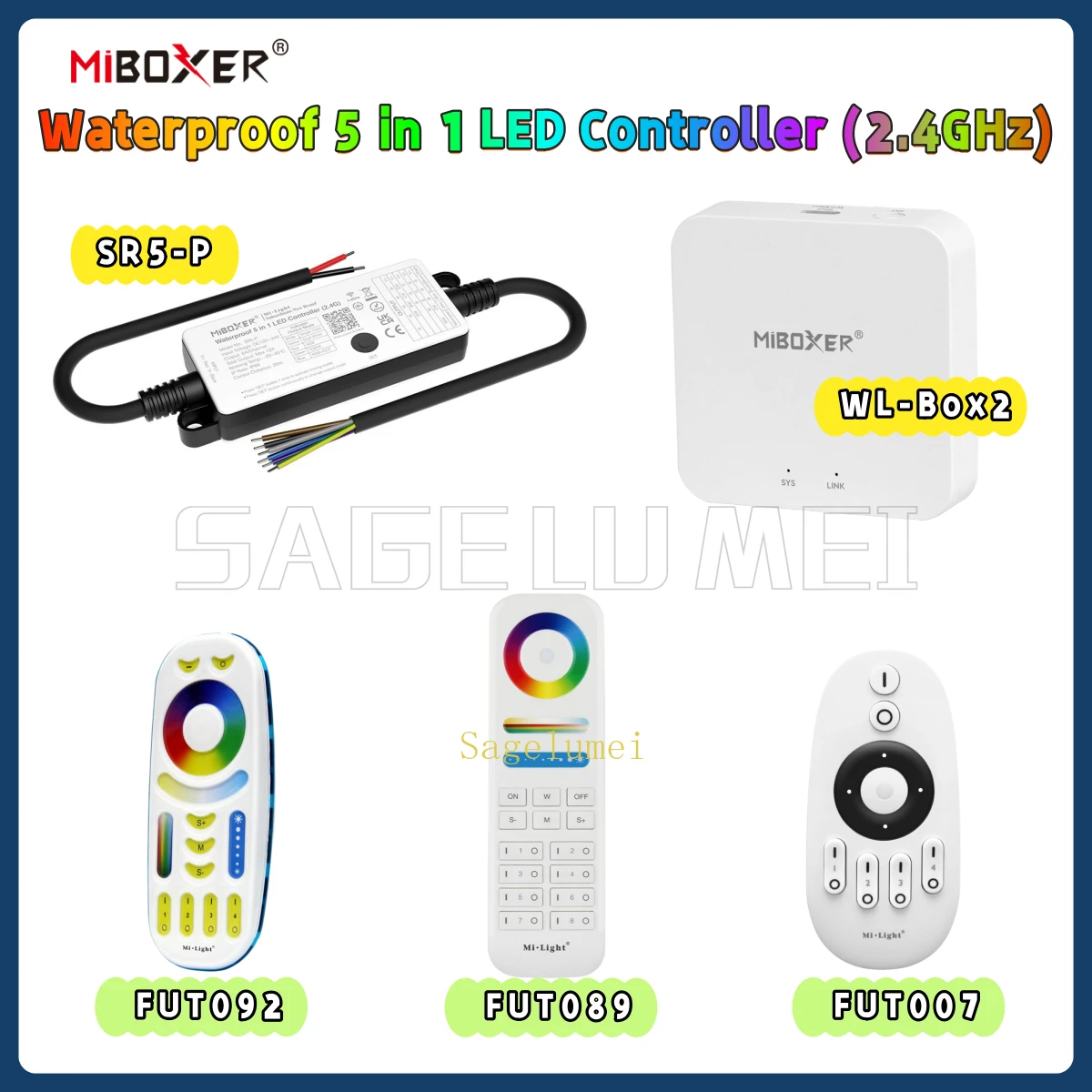 

Miboxer SR5-P 5 в 1, водонепроницаемый светодиодный контроллер для диммера CCT RGB RGBW RGBCCT, светодиодная лента 2,4G, радиочастотный пульт дистанционного управления, приложение Tuya