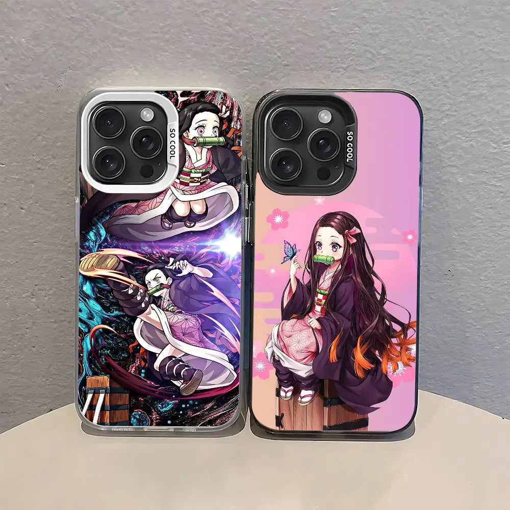 Funda de Teléfono con Dibujos Animados de Demon Slayer Nezuko Kamado para iPhone 17 16 15 14 13 12 11 Pro Max Plus, Color Plateado, Resistente a Golpes