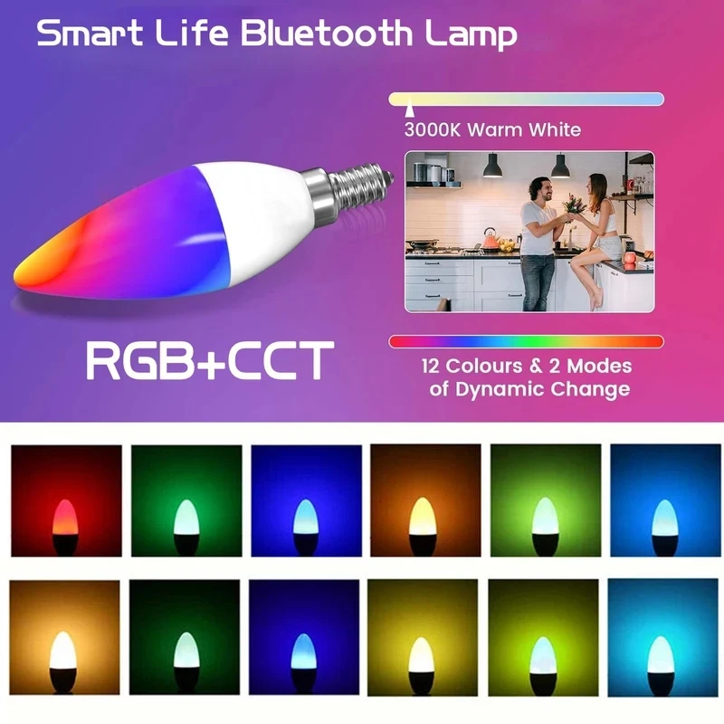 LED Smart Light Bulb E14 RGB Bluetooth 220V Candle Crystal Lamps Dimmable APP Control For Smart Home Group Bedroom Living Room