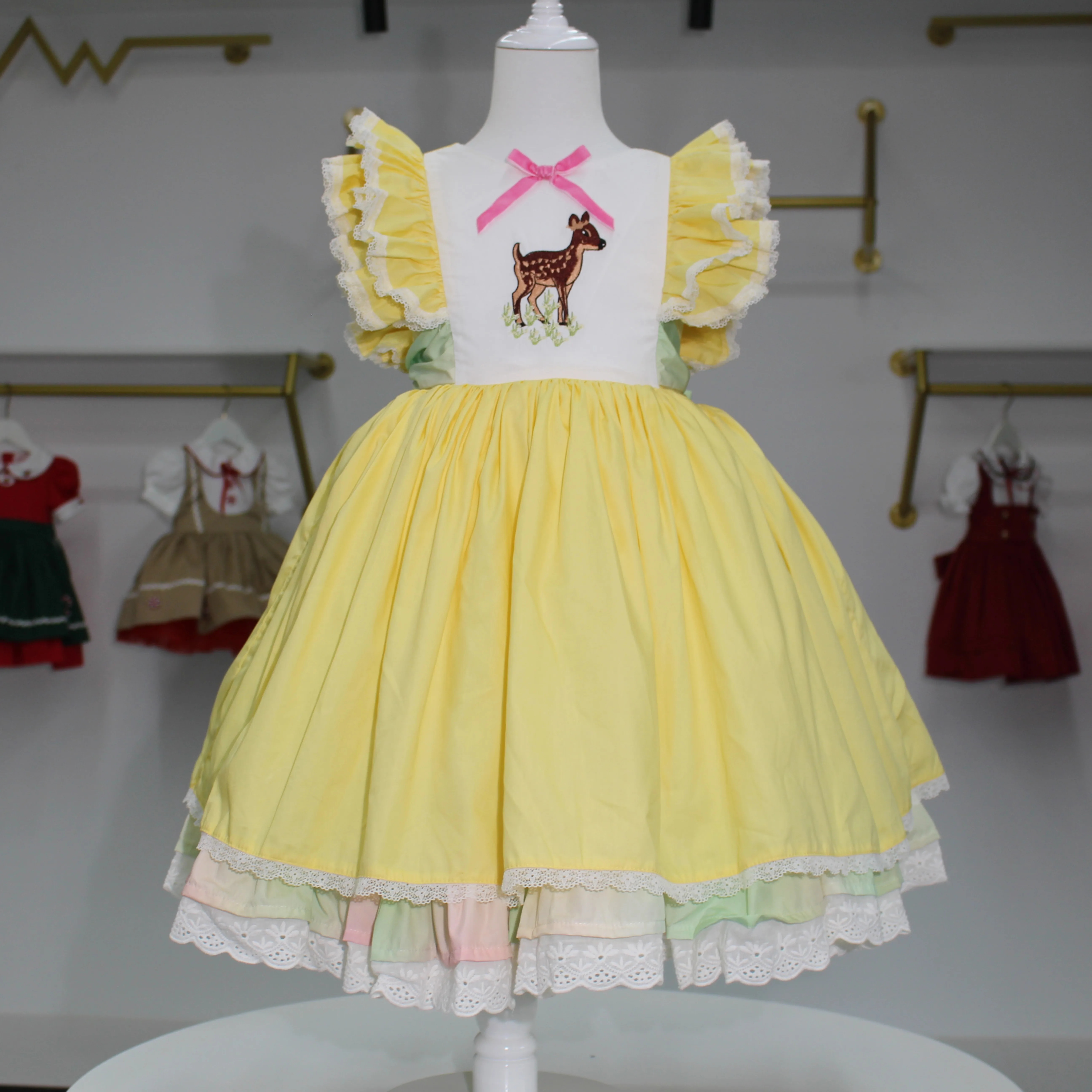 

Baby Girl Summer Yellow Deer Embroidery Vintage Spanish Princess Ball Gown Dress with Colored Headband for Party Holiday EidB237