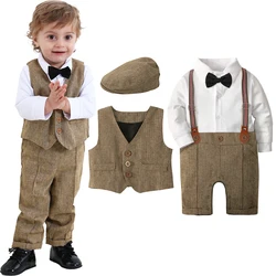 Baby Boys Gentleman Outfit Infant Wedding Thanksgiving Day Christening Suit with Hat Brown Easter Church Birthday Party Clothes