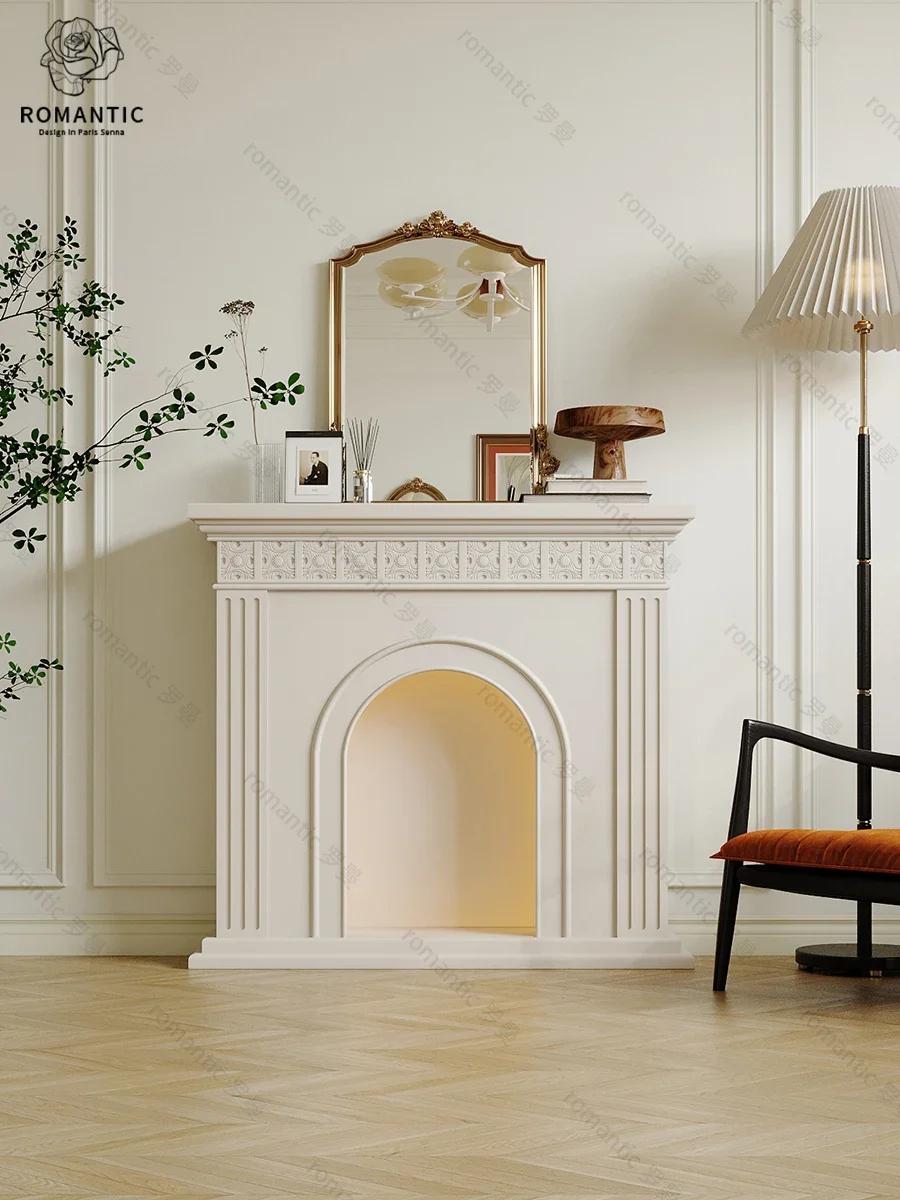 Cream Style Simple French Electronic Carved Fireplace with Light Curio Cabinet Storage Cabinet Living Room