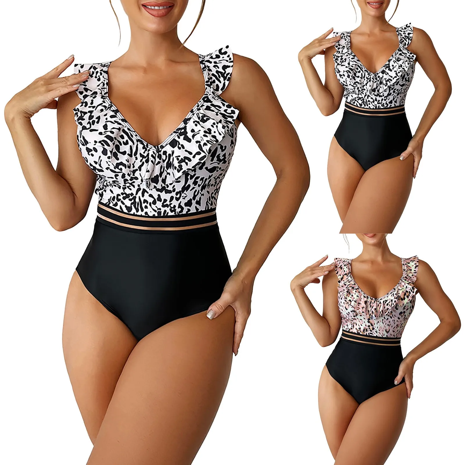 Women's Deep V Ruffled Neck Swimsuits Backless Swimwear Mesh Slimming Bathing Suit Bandage Hawaii High Waist