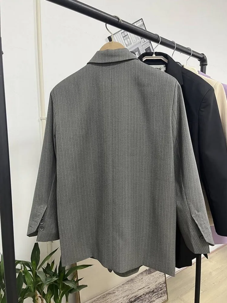 Spring Autumn Women Striped Notched Single Breasted Blazer Jacket Korean Style Ladies Work Suit Coat Fashion Casual Blazer Tops