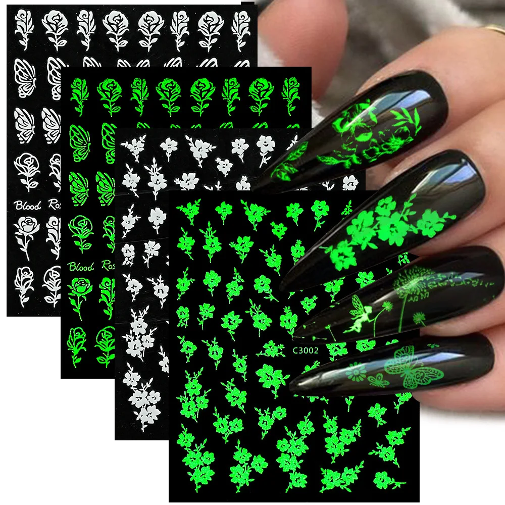 1/2 Sheets 3D Luminous Nail Stickers, Glow In Dark Butterfly Flower Leaf Angel Nail Decals, UV Nail Art Decor Accessories