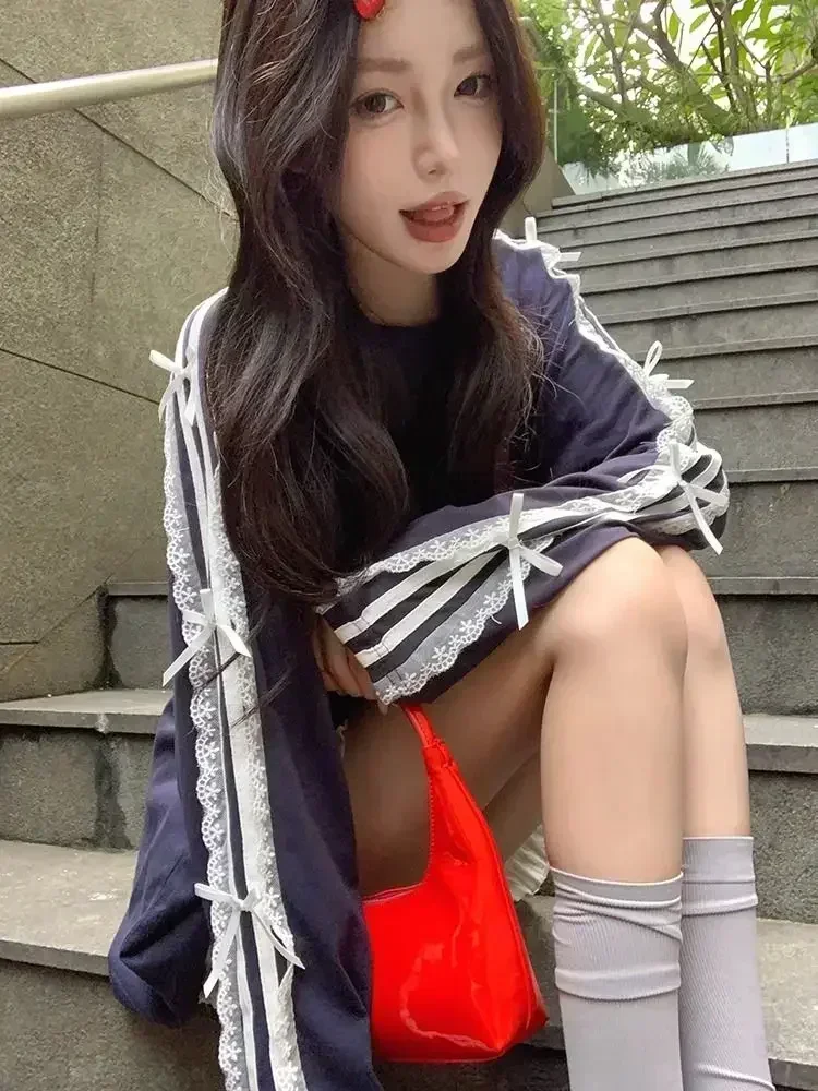 Dulce Hada lateral de manga larga de encaje de retazos Tops Harajuku High Street coreano todo fósforo ropa suelta de mujer camisetas estéticas Y2k