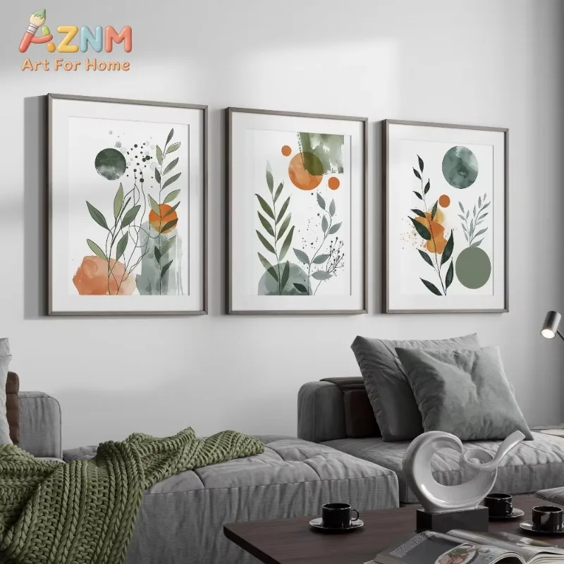 3PCS Boho Abstract Botanical Canvas Wall Art Green Leaves Orange Geometric Shape Wall Prints Living Room Bedroom Decor Poster Gi