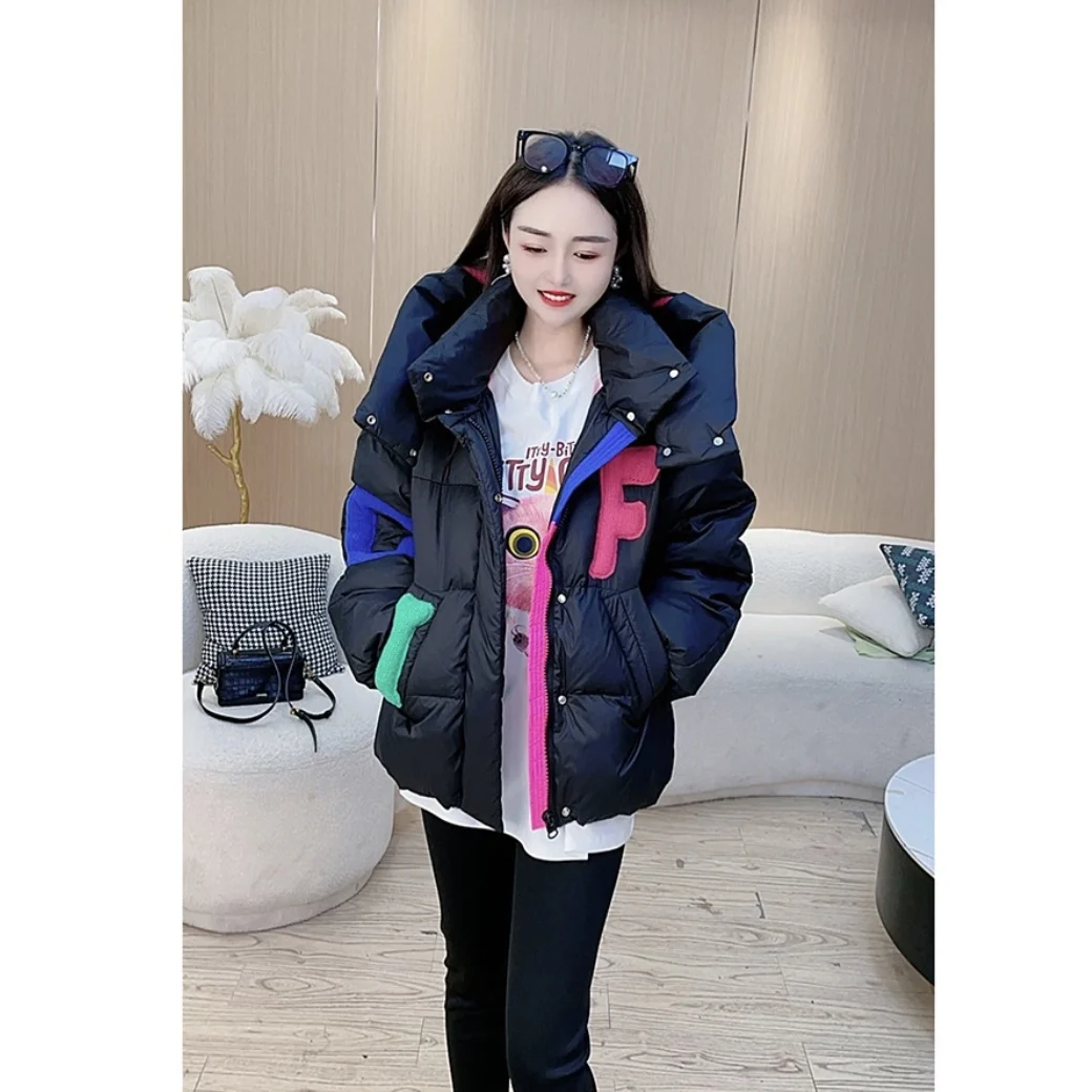 2023 Winter New European Color Block Patchwork Trendy Brand Letter Down Jacket Women\'s Casual Loose White Duck Down Bread Coat