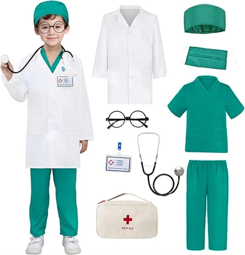 9PCS Kids Doctor Costume Toddler Medical Dress Up Outfits Coat+Real Stethoscope For Boys Girls Halloween Career Day Pretend Play