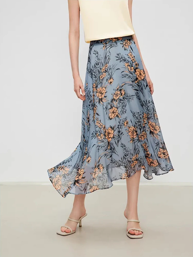 

Шелковая юбка Ele с высокой талией, двухслойным А-образным силуэтом, большим обортом и принтом, из белого шелка 6А, пошитая на заказ.