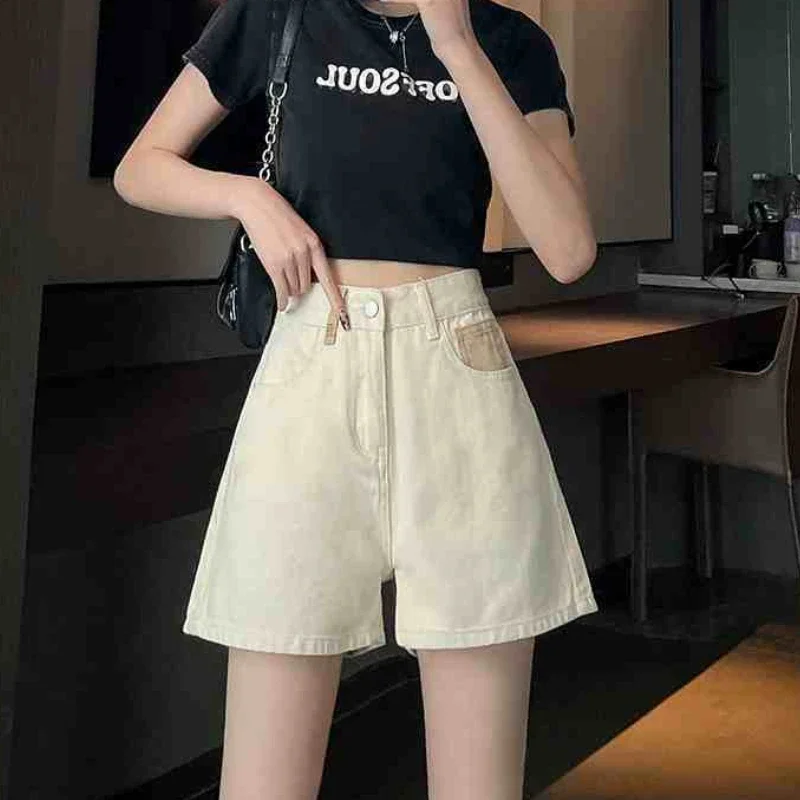 Pantalones cortos vaqueros informales de cintura alta para mujer, pantalones cortos holgados de diseñador XL, moda Harajuku, trajes elásticos, pantalones vaqueros cortos fluidos para mujer