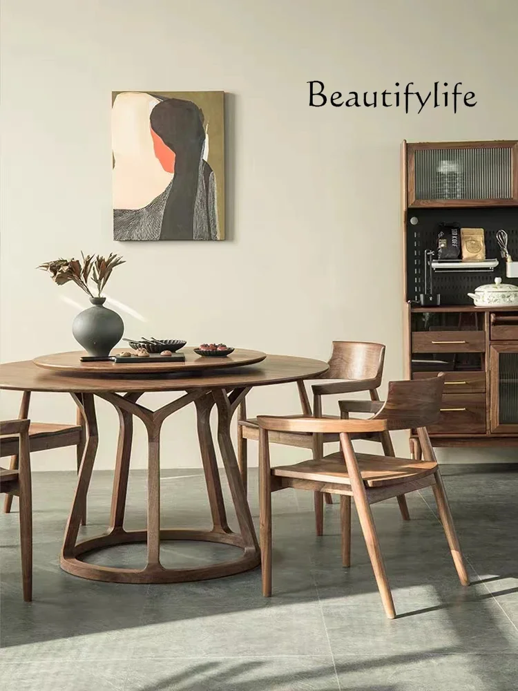 

North American black walnut round dining table, all solid wood large apartment, modern light round dining table with turntable