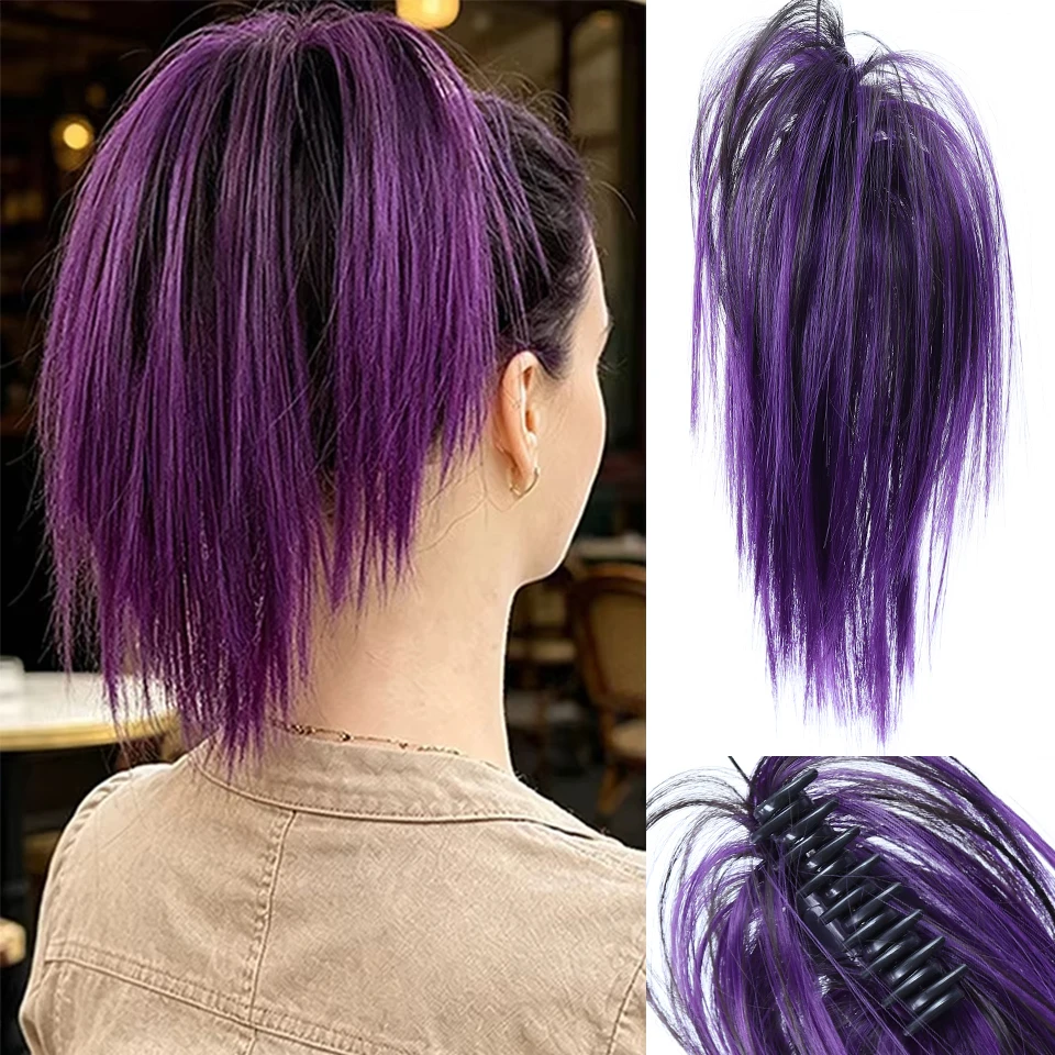 Short Messy Claw Clip Bun Ponytail Wig Extensions, Synthetic Y2K Grunge Fake Hairpiece for Cosplay Party Halloween Christmas