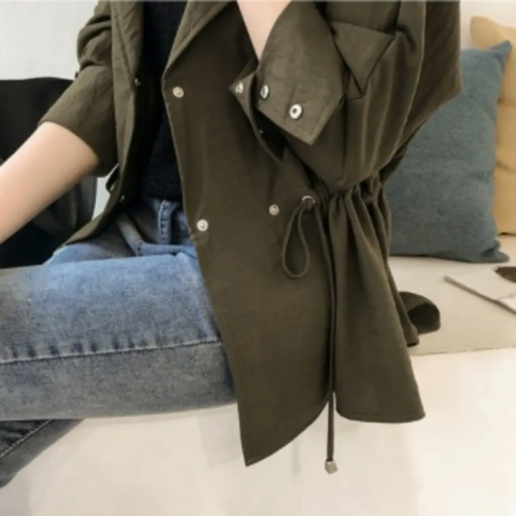 

Women's Korean Style Loose Bf Hooded Windbreaker Mid-Length Casual Long-Sleeved Cardigan Coat Early Autumn Trendy