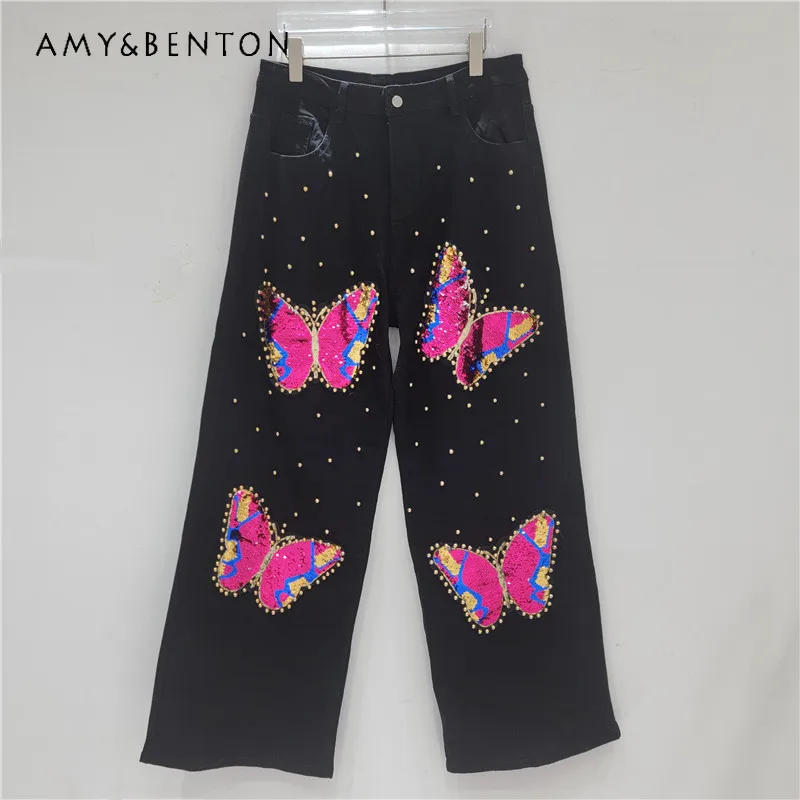 

2025 Autumn New Heavy Industry Beaded Butterfly Sequins Black Jeans Women's High Waist Straight Trousers Kawaii Clothes Slacks